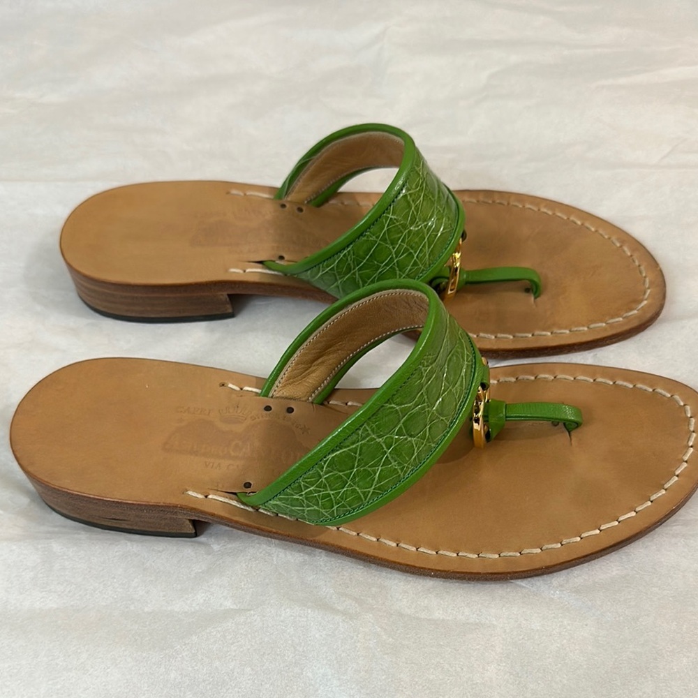 AMADEO CANFORA Green Leather Sandals with Gold Accent - Picture 3 of 8